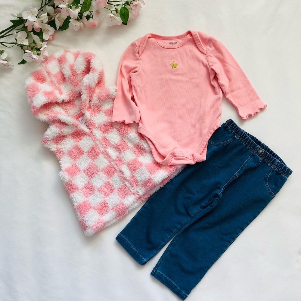 🎀 Little Me Baby Girl Outfit, Bodysuit, Pants, & Vest, Size 18 Months